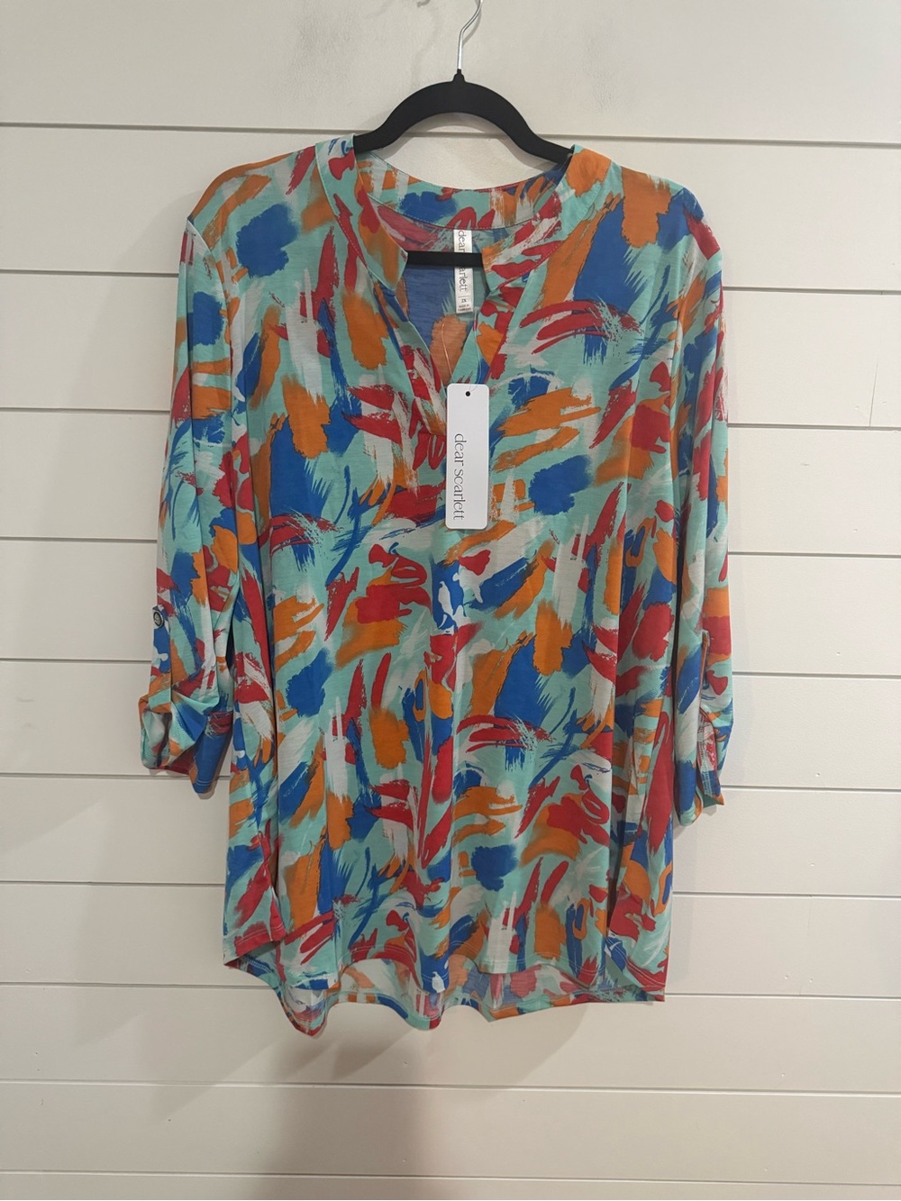 Dear Scarlett Multicolor Brushstroke V-Neck Blouse - Turquoise, Orange, Red,